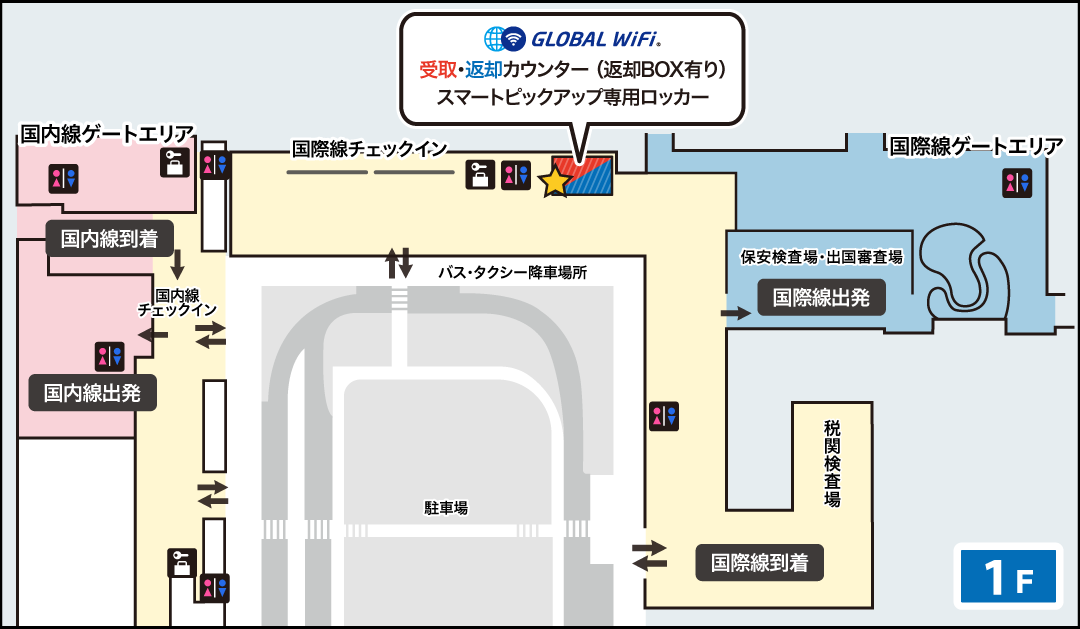 関西国際空港の受取返却カウンターのマップ