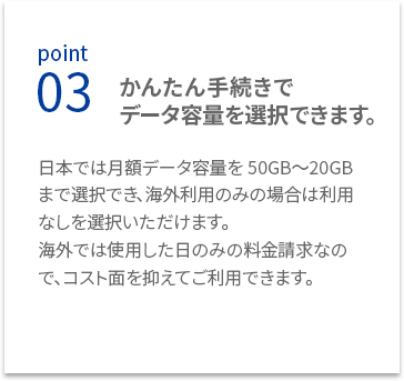 Point03 日本では月額データ容量を50GB〜20GBまで選択でき、海外利用のみの場合は利用なしを選択いただけます。海外では使用した日のみの料金請求なので、コスト面を抑えてご利用できます。