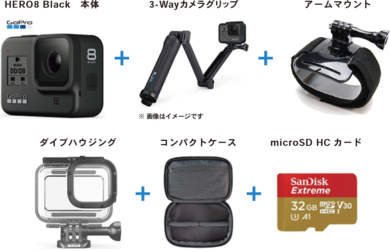 HERO8 Black本体 | 3-Wayカメラグリップ | アームマウント | ダイブハウジング | コンパクトケース | microSD HCカード