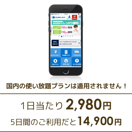 国内の使い放題プランは適用されません！ 1日当たり2,980円 5日間のご利用だと14,900円