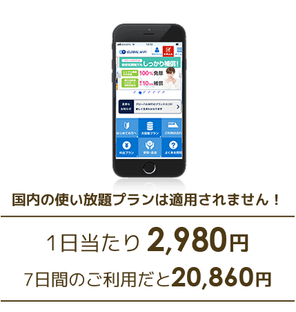 国内の使い放題プランは適用されません！ 1日当たり2,980円 5日間のご利用だと14,900円