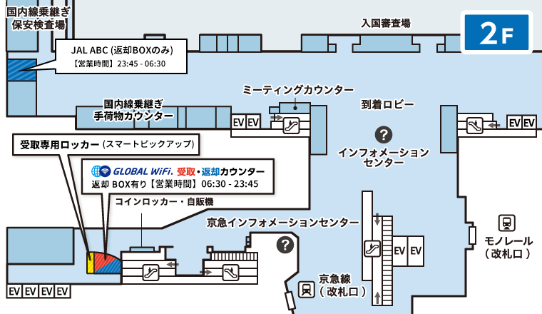 羽田空港の受取返却カウンターのマップ