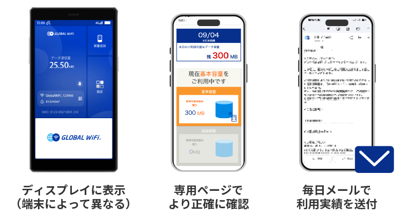 ディスプレイに表示（端末によって異なる） 専用ページでより正確に確認 毎日メールで利用実績を送付