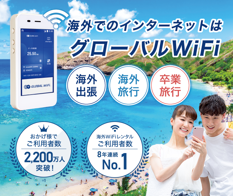 海外でのインターネットはグローバルWiFi お陰様でご利用者数2,200万人突破！ 海外WiFiレンタルご利用者数8年連続No.1