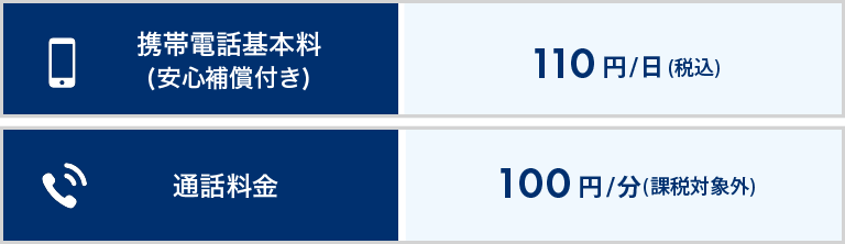 携帯電話基本料(安心補償付き)110円/日(税込) 通話料金100円/分(課税対象外)